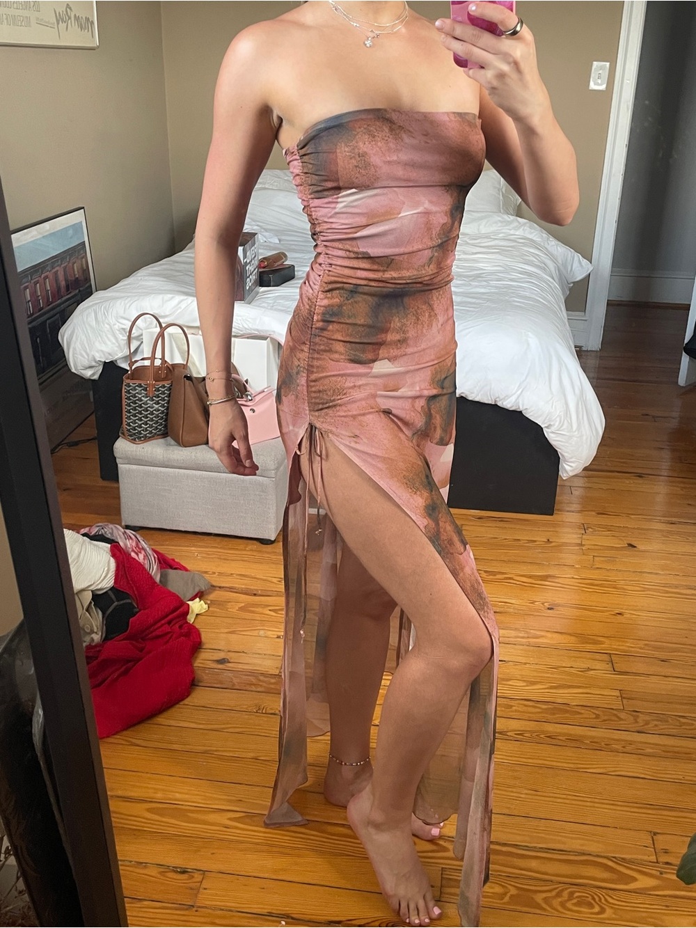 Windsor Strapless Ruched Side-Tie Maxi Dress in Dusty Rose & Olive Wash - Picture 3 of 4